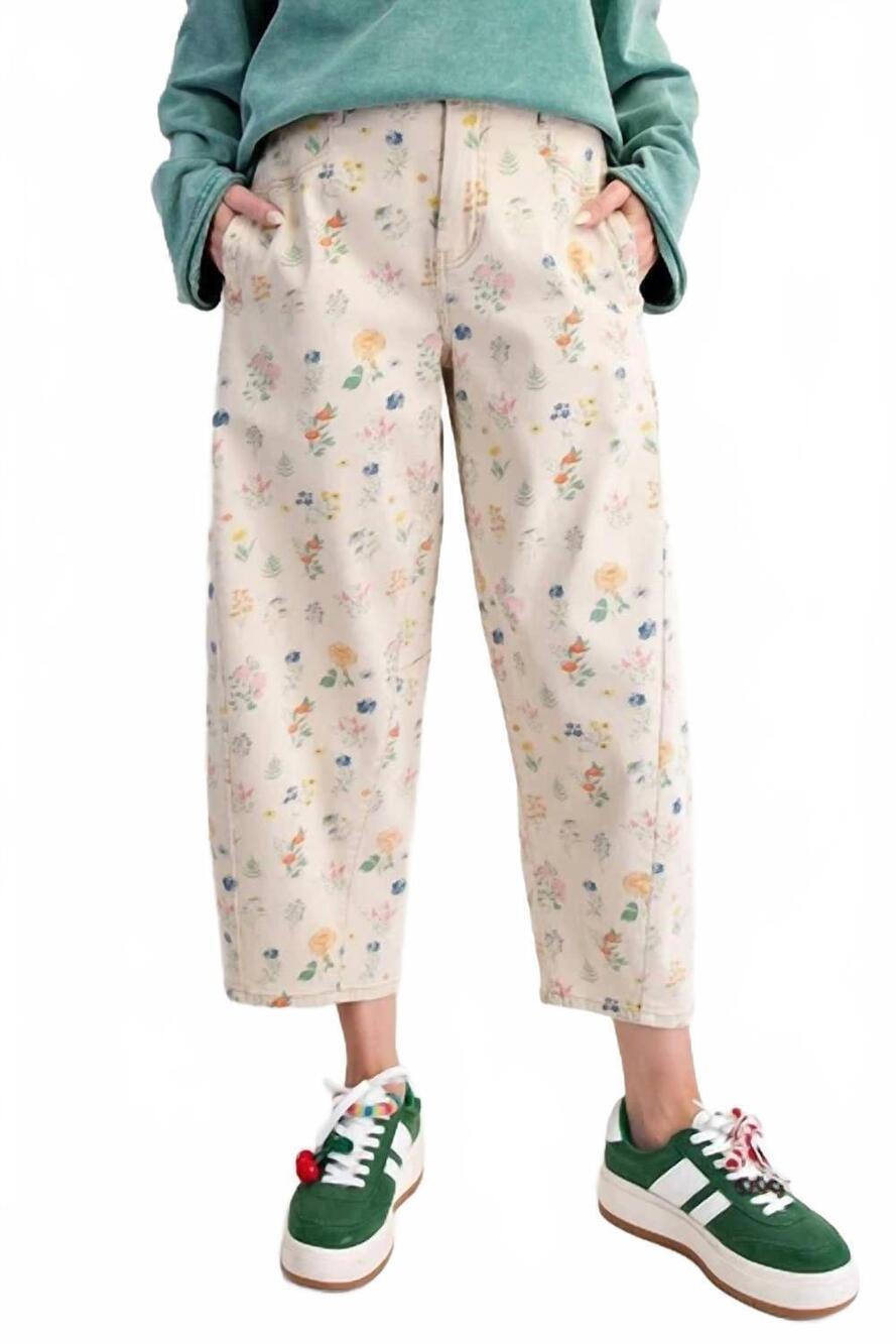 NEW EASEL avery floral twill barrel pants in khaki
